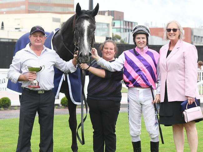 Shane and Cassie Oxlade celebrate with Sghirripa after the Christmas Stakes. Picture: Brett Holburt-Racing Photos