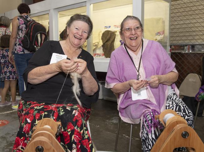 Toowoomba Spinners and Weavers Marilyn Jensen and Betty Adcock. Toowoomba Royal Show. Saturday, April 1, 2023. Picture: Nev Madsen.