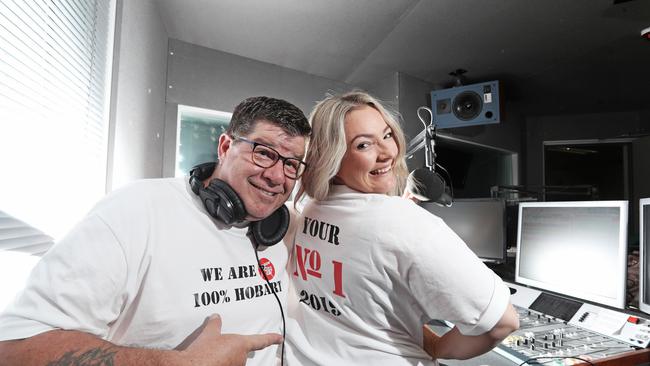 7HOFM breakfast hosts Mick Newell and Sarah Morrison have come out on top of the radio listening survey. Picture: LUKE BOWDEN