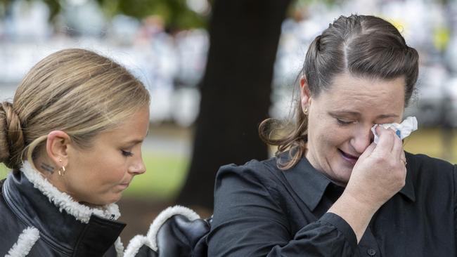 Grace Tame and Katrina Munting at Parliament lawns, Hobart. Picture: Chris Kidd