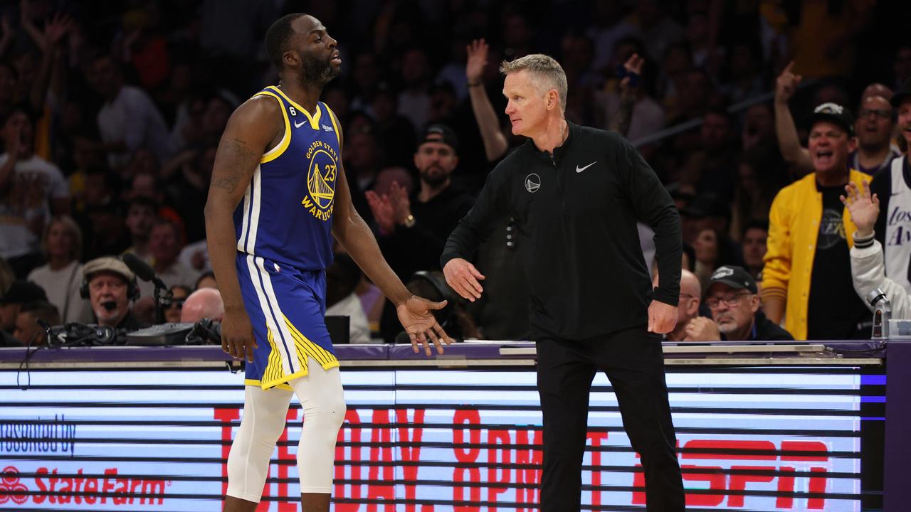 LOS ANGELES, CALIFORNIA - MAY 12: Draymond Green #23 of the Golden State Warriors high fives head coach Steve Kerr during the fourth quarter against the Los Angeles Lakers in game six of the Western Conference Semifinal Playoffs at Crypto.com Arena on May 12, 2023 in Los Angeles, California. NOTE TO USER: User expressly acknowledges and agrees that, by downloading and or using this photograph, User is consenting to the terms and conditions of the Getty Images License Agreement. (Photo by Harry How/Getty Images)