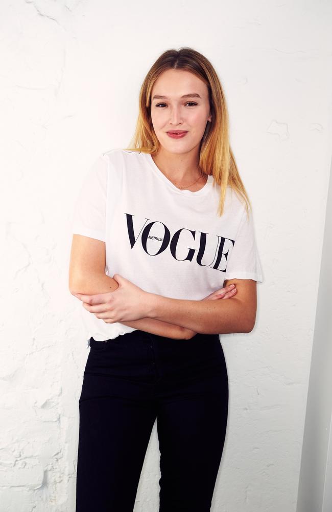 Maddison Brown wearing Bassike’s limited edition Vogue tee ($110). Picture: Vogue Australia