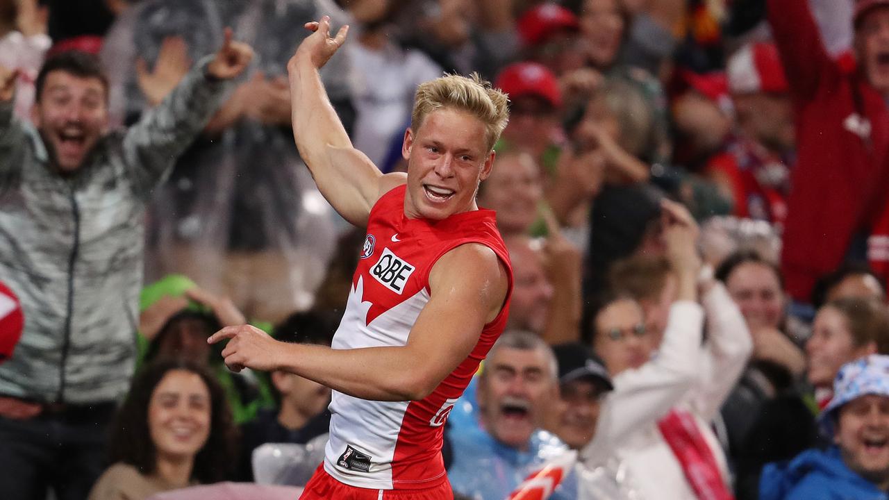 Isaac Heeney had plenty to celebrate on Friday night. Photo by Sarah Reed/AFL Photos via Getty Images.