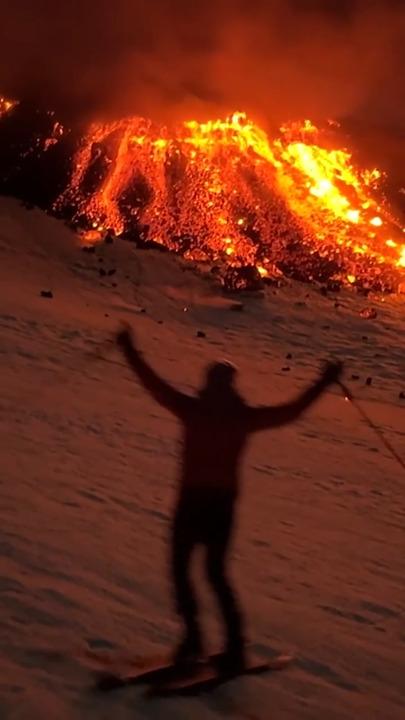 Daredevils ski down Mount Etna, where lava meets the snow