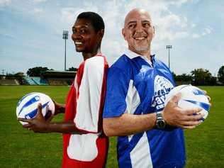 FRIENDLY BANTER: Adeyemi Johnson and Gianpiero Battista getting set to face off in the upcoming African All Stars vs Lismore Legends soccer match being held on October 10 in Lismore. Picture: Patrick Gorbunovs