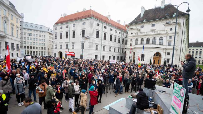 Anti-vaccination demonstrators protest at the Ballhausplatz in Vienna, Austria. Picture: AFP