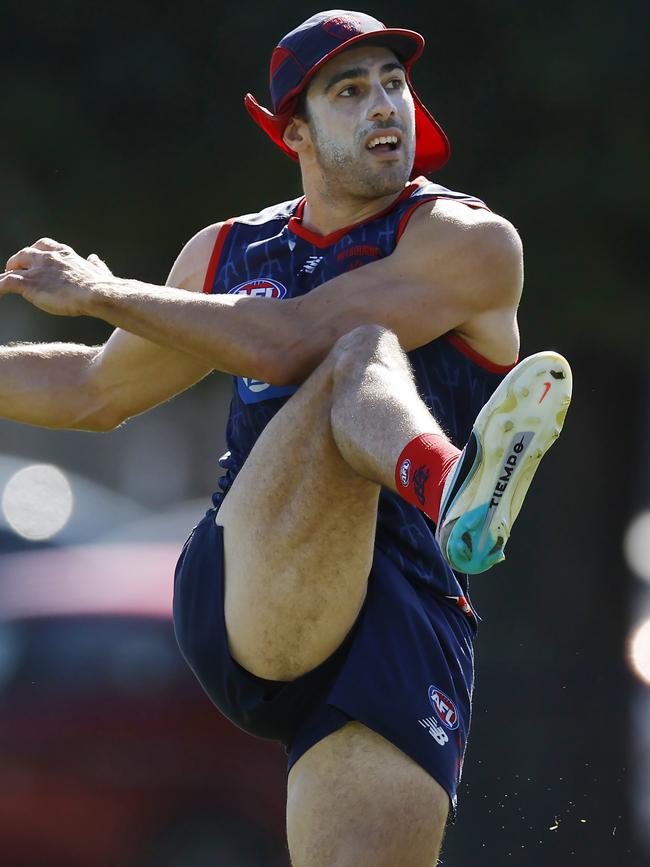 Christian Petracca kicking was off during the match sim session. Picture: Michael Klein