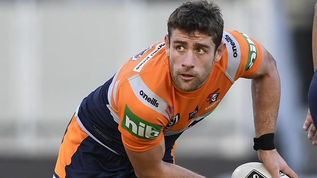 TOWNSVILLE, AUSTRALIA - JUNE 27: Andrew McCullough of the Knights looks to pass the ball during the round seven NRL match between the North Queensland Cowboys and the Newcastle Knights at QCB Stadium on June 27, 2020 in Townsville, Australia. (Photo by Ian Hitchcock/Getty Images)