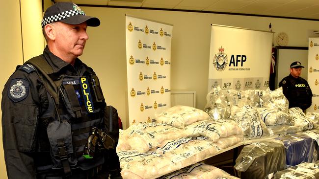 Australian Federal Police guard a significant methamphetamine seizure at their Melbourne headquarters. Picture: Andrew Batsch