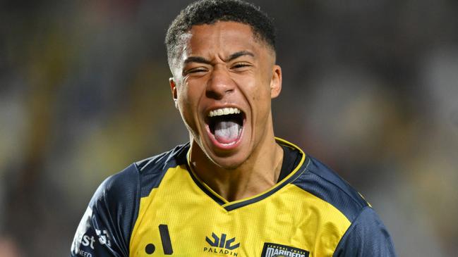 SYDNEY, AUSTRALIA - MAY 20: Samuel Silvera of Central Coast Mariners celebrates scoring a goal during the second leg of the A-League Men's Semi Final between Central Coast Mariners and Adelaide United at Industree Group Stadium, on May 20, 2023, in Sydney, Australia. (Photo by Izhar Khan/Getty Images)