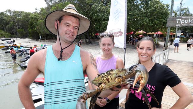 Shaun Coleman and Toni Coleman speaking with manager and chef Rebecca Gava about the new upgrades. Shaun had just pulled out a big crab from waters nearby. Picture: Richard Gosling