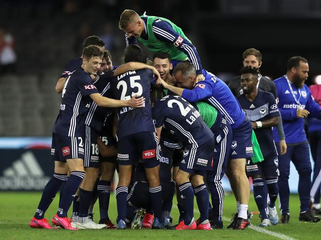 Andrew Nabbout of Melbourne Victory celebrates his late goal during the Round 21 A-League match between the Melbourne Victory and the Adelaide United at Marvel Stadium in Melbourne, Saturday, February 29, 2020. (AAP Image/George Salpigtidis) NO ARCHIVING, EDITORIAL USE ONLY