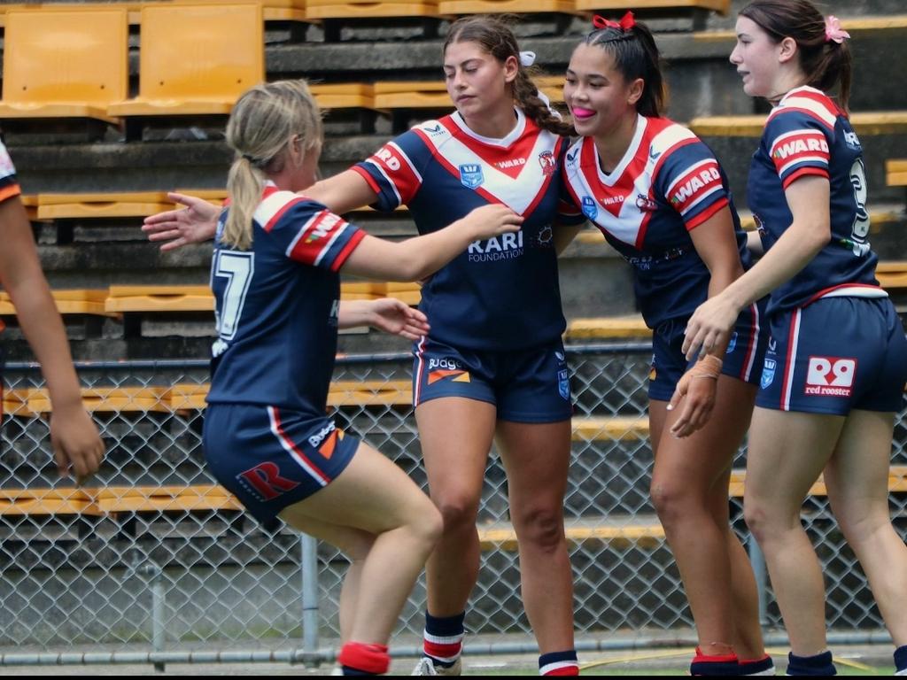 Tyra Ekepati (second from right) of the Sydney Roosters Indigenous Academy in the Tarsha Gale Cup. Picture: Wayne Leong