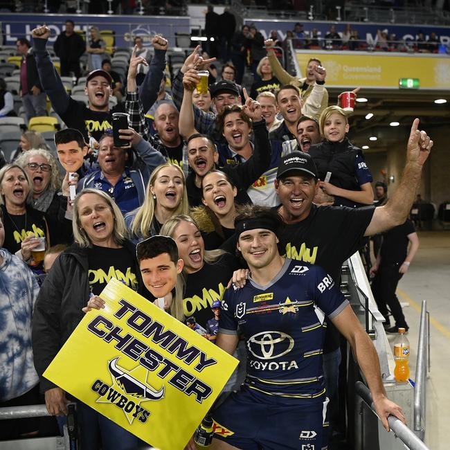 Tom Chester of the Cowboys poses with family and friends after his NRL debut. Picture: Ian Hitchcock/Getty Images)