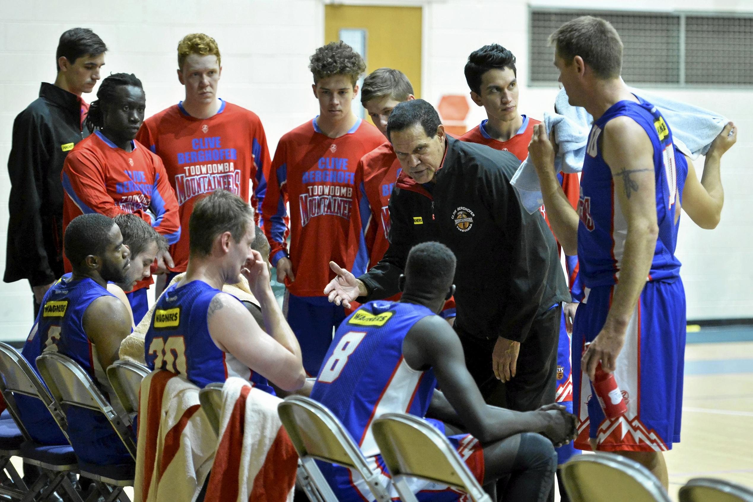 Toowoomba Mountaineers with coach Danny Morseu during a break against Ipswich Force in QBL men round seven basketball at USQ's Clive Berghofer Recreation Centre, Saturday, June 9, 2018. Picture: Kevin Farmer