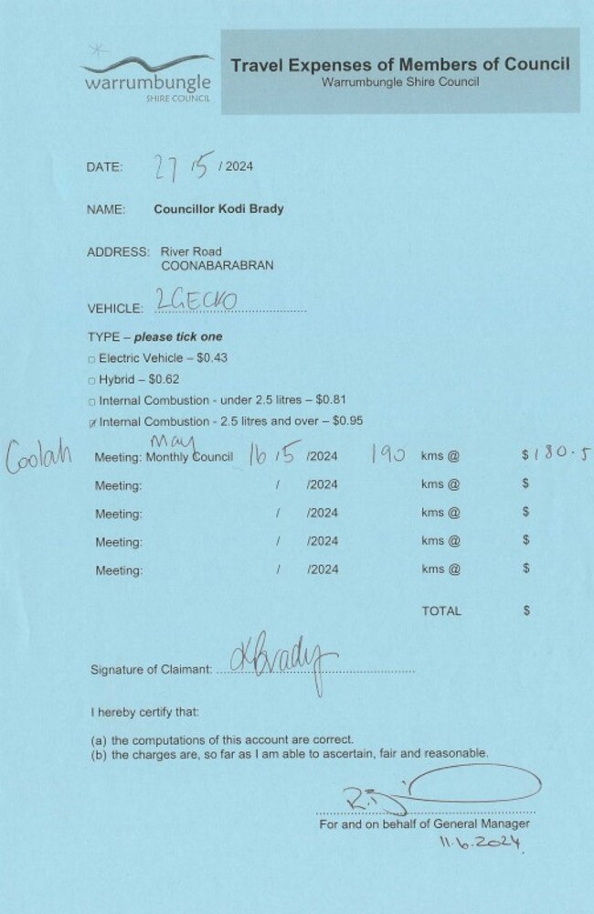 Warrumbungle Shire Council travel expense papers. Photo: Warrumbungle Shire Council.