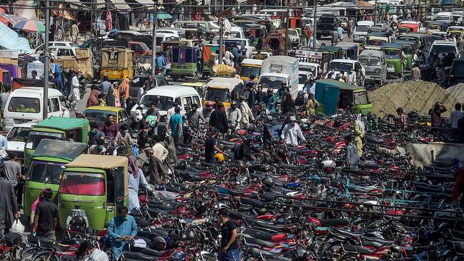 A traffic jam as people arrive at the Raja Bazar for shopping in Rawalpindi, Pakistan. Picture: AFP