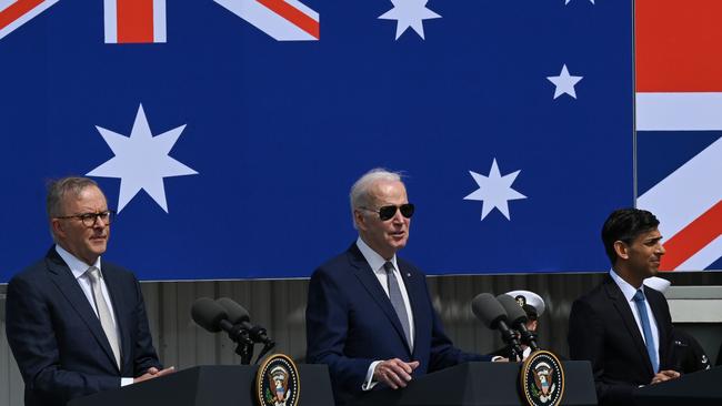 SAN DIEGO, CA - MARCH 13: U.S. President Joe Biden delivers remarks on Australia ÃÂ¢ United Kingdom ÃÂ¢ United States (AUKUS) Partnership as Prime Minister Rishi Sunak of the United Kingdom and Prime Minister Anthony Albanese of Australia participate at Naval Base Point Loma in San Diego, California, United States on March, 13, 2023. (Photo by Tayfun Coskun/Anadolu Agency via Getty Images)