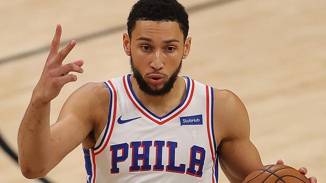 ATLANTA, GEORGIA - JUNE 18:  Ben Simmons #25 of the Philadelphia 76ers calls out a play against the Atlanta Hawks during the first half of game 6 of the Eastern Conference Semifinals at State Farm Arena on June 18, 2021 in Atlanta, Georgia.  NOTE TO USER: User expressly acknowledges and agrees that, by downloading and or using this photograph, User is consenting to the terms and conditions of the Getty Images License Agreement. (Photo by Kevin C. Cox/Getty Images)