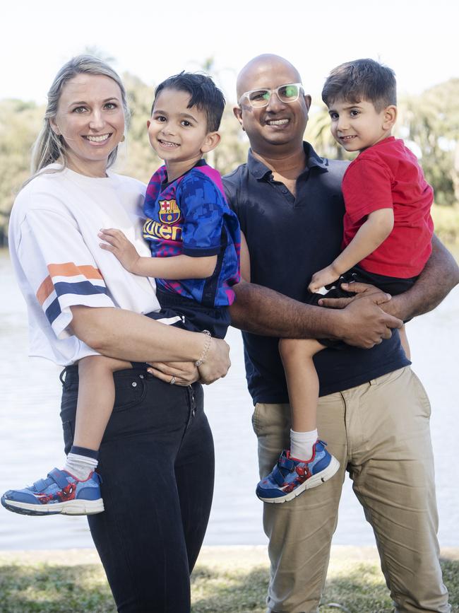 Greta Sanmuganathan and husband Ramesh with their sons, Ezekiel, 4, and Judah, 3, right. Picture: Nic Walker