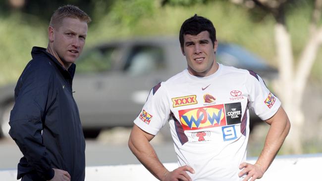 Jeremy Hickmans pictured with Michael Ennis at Broncos training in 2008.