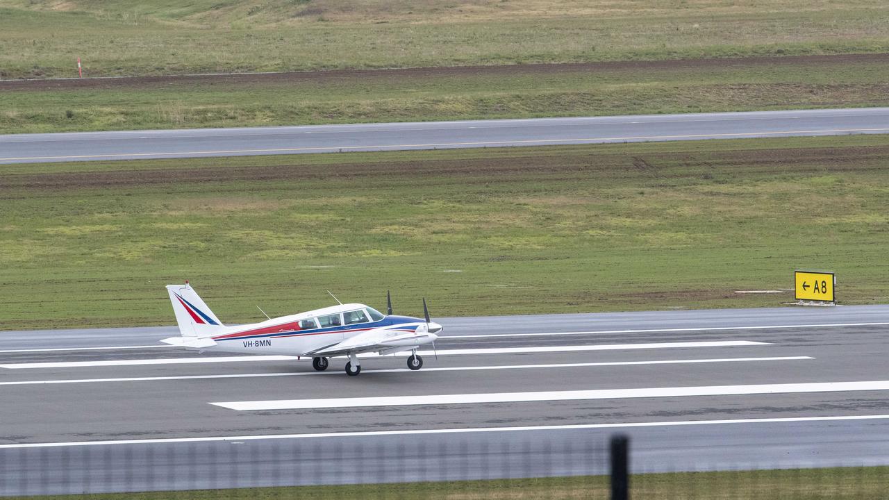 The Piper PA3020 Twin Engine Comanche was the first aeroplane to touch down at Western Sydney International. Picture: NewsWire / Simon Bullard