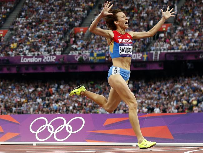 Gold no more. Russia’s Mariya Savinova crosses the finish line to win gold in the women's 800-meter final in London’s 2012 Olympics.