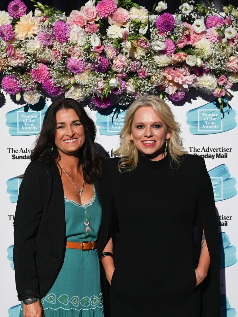 Amber Joy Poulton and Beccy Cole at The Advertiser Sunday Mail, SkyCity 2023 Woman of the Year Awards. Picture: Naomi Jellicoe