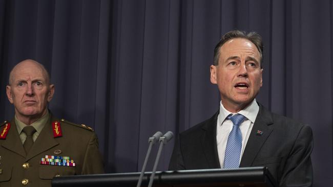 Health Minister Greg Hunt says Pfizer vaccine will be offered to people aged 50 to 59. Picture: NCA NewsWire / Martin Ollman