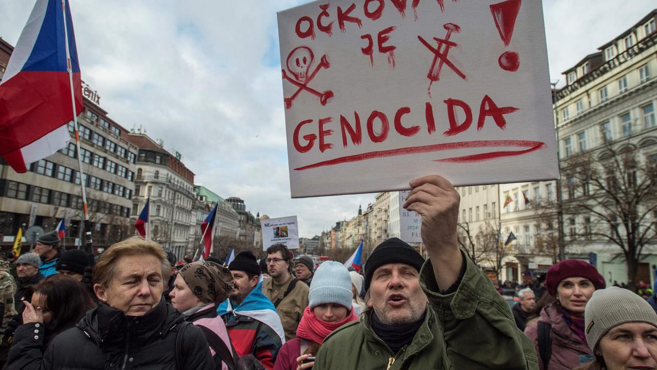 Protests against compulsory vaccines rocked Prague on January 9, with demonstrators waving placards with slogans such as “Vaccination is genocide” and “Defend your children”. Picture: Michal Cizek/AFP