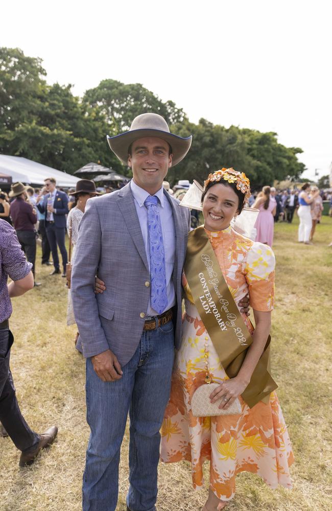 Fashions on the field, contemporary category winner Ureisha Hughes with husband Bristow Hughes at Burdekin. Picture: Mark Cranitch