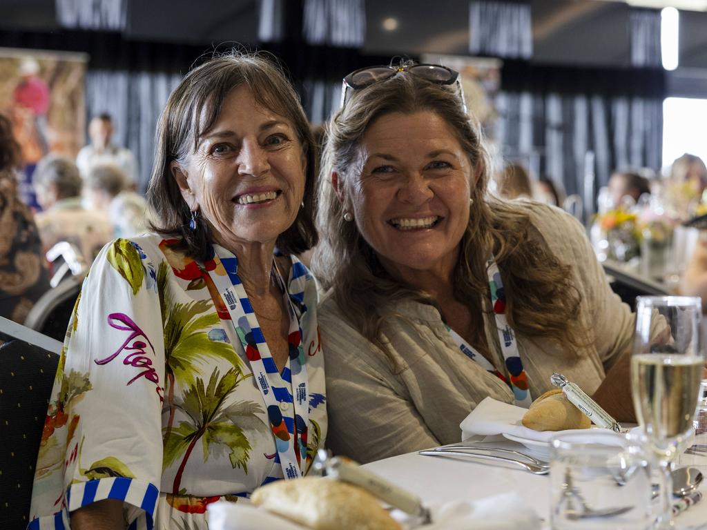 <p>Pam Davis and Laura Hoare at the Northern Territory Cattlemen's Association Ladies lunch in Darwin Turf Club. Picture: Pema Tamang Pakhrin</p>