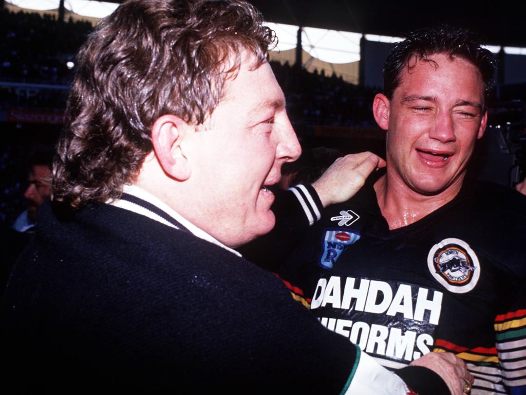 Coach Phil Gould celebrates with MG after Penrith's win over Canberra in the 1991 grand final at the Sydney Football Stadium. “I screamed that much after we scored our last try I fractured my larynx. Couldn’t talk for a month.”