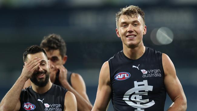 Patrick Cripps of the Blues smiles after victory in the round-3 AFL match between the Geelong Cats and Carlton. Picture: Graham Denholm/AFL Photos via Getty Images)