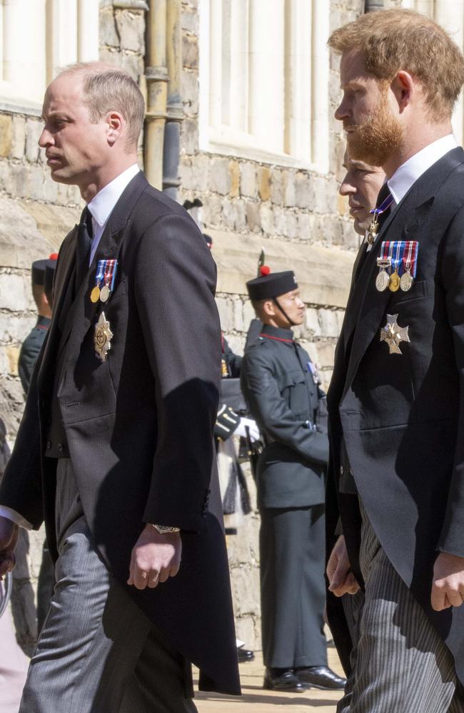 Prince William, Duke of Cambridge and Prince Harry, Duke of Sussex take part in the Ceremonial Procession during the funeral of Prince Philip, Duke of Edinburgh at Windsor Castle. Picture: Getty Images