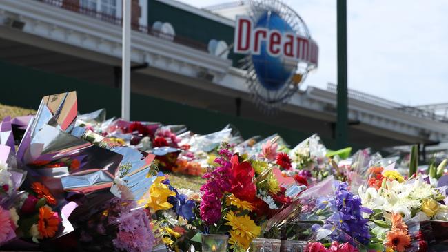 Tribute and flowers at Dreamworld where four people died after an accident on a ride at the Gold Coast theme park Picture by Scott Fletcher