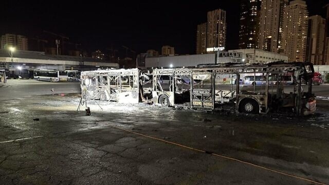 The burned out buses in a bus station in central Tel Aviv. Picture: Israel Fire and Rescue.