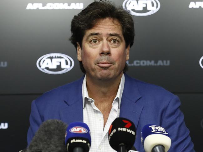 MELBOURNE, AUSTRALIA - MAY 30: AFL CEO Gillon McLachlan speaks to the media during a press conference at AFL House on May 30, 2023 in Melbourne, Australia. McLachlan spoke about the outcomes in relation to the Independent Panel Investigation into allegations of inappropriate conduct at the Hawthorn Hawks. (Photo by Darrian Traynor/Getty Images)