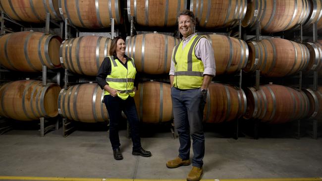 Taylors Wines company director and winery operations general manager Clinton Taylor with export supervisor Kaye Oliver. Picture: Naomi Jellicoe