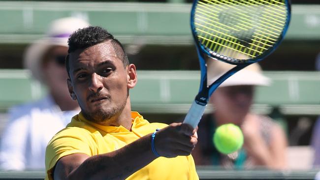 Nick Kyrgios is action at the Davis Cup earlier this year. Picture:Wayne Ludbey