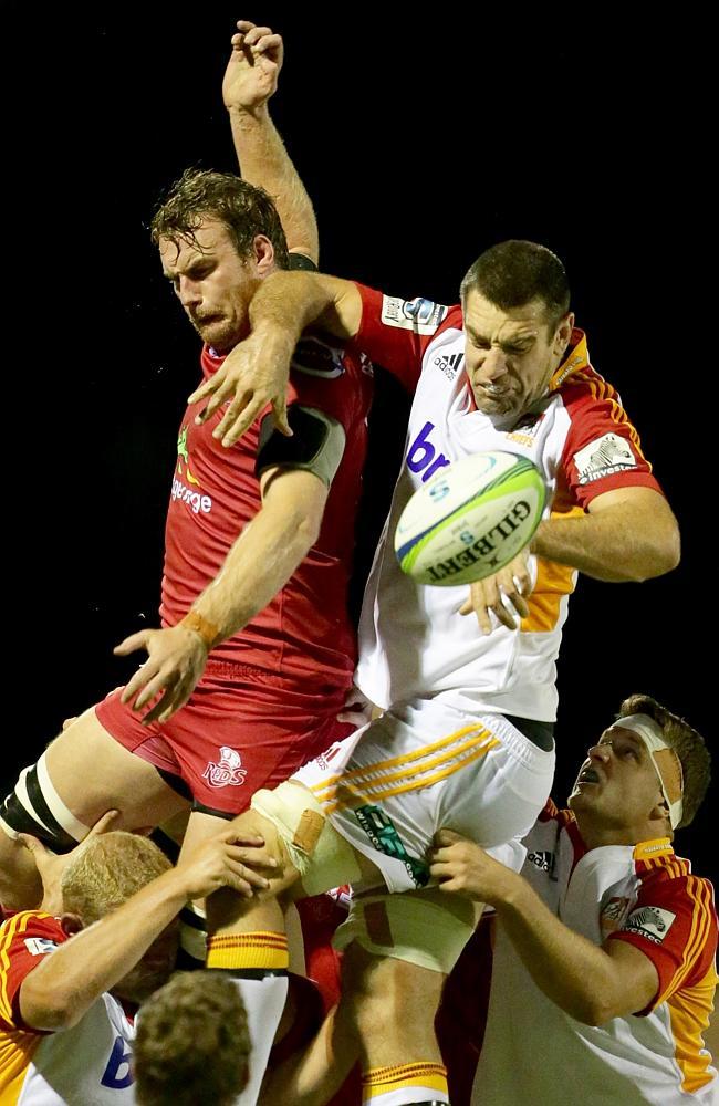 Dave McDuling contests a lineout in a trial match between the Reds and Chiefs in February.