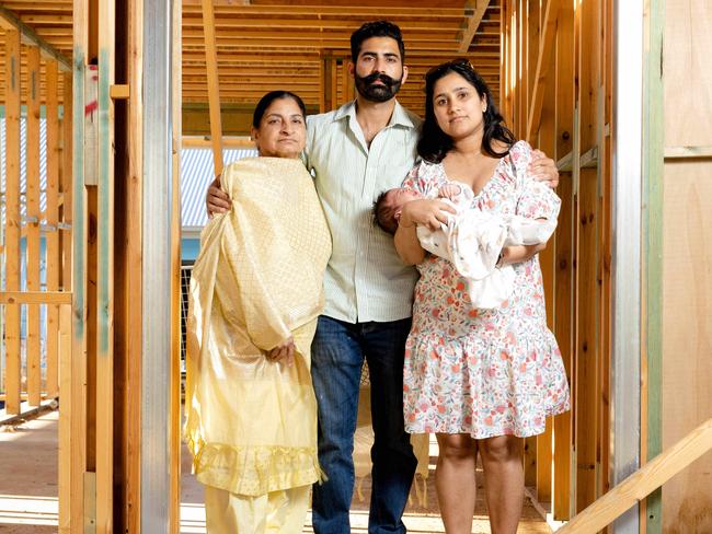 Porter Davis customers Sukhjit Kaur, Simerpal Singh and Taran Kaur with baby Nabab in their home under construction in Hillcrest, Sunday, April 23, 2023 - Picture: Richard Walker