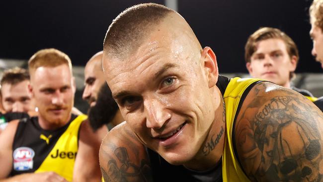 BRISBANE, AUSTRALIA - OCTOBER 24: Dustin Martin of the Tigers looks on during the 2020 Toyota AFL Grand Final match between the Richmond Tigers and the Geelong Cats at The Gabba on October 24, 2020 in Brisbane, Australia. (Photo by Michael Willson/AFL Photos via Getty Images)