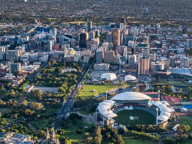 Adelaide Oval and City from the air . aerial , skyline , river torrens . RAH , Festival Centre , King William Street , North Adelaide .   Credit: Airborne Photography