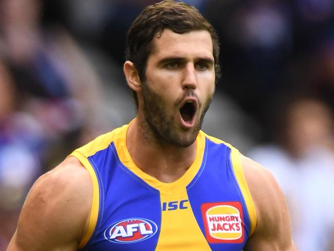 Jack Darling of the Eagles reacts after kicking a goal during the Round 2 AFL match between the Western Bulldogs and the West Coast Eagles at Etihad Stadium in Melbourne, Sunday, April 1, 2018. (AAP Image/Julian Smith) NO ARCHIVING, EDITORIAL USE ONLY