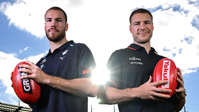 MELBOURNE, AUSTRALIA - JUNE 03: Harry McKay of the Blues and Ben McKay of the Bombers pose during an AFL media opportunity at Melbourne Cricket Ground on June 03, 2024 in Melbourne, Australia. (Photo by Quinn Rooney/Getty Images)