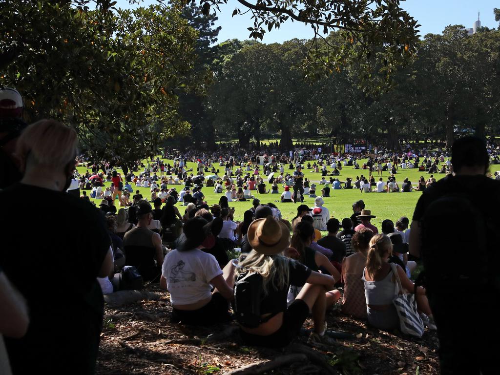 Pictured are people gathered at an organised Australia Day protest at The Domain in Sydney. Picture: Richard Dobson