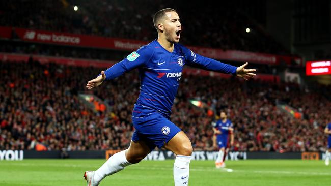 Eden Hazard celebrates scoring the winner at Anfield. Picture: Getty