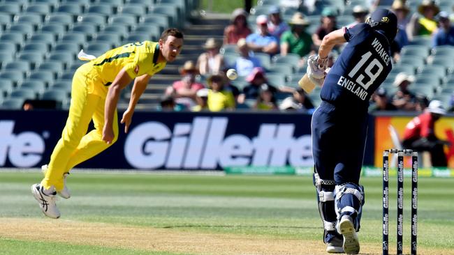 Josh Hazlewood bowls to Chris Woakes during the fourth one-day international, in Adelaide. Picture: AAP