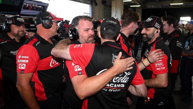 Erebus Motorsport team members celebrate after Brodie Kostecki claimed pole position during the Bathurst 1000. Picture: Getty